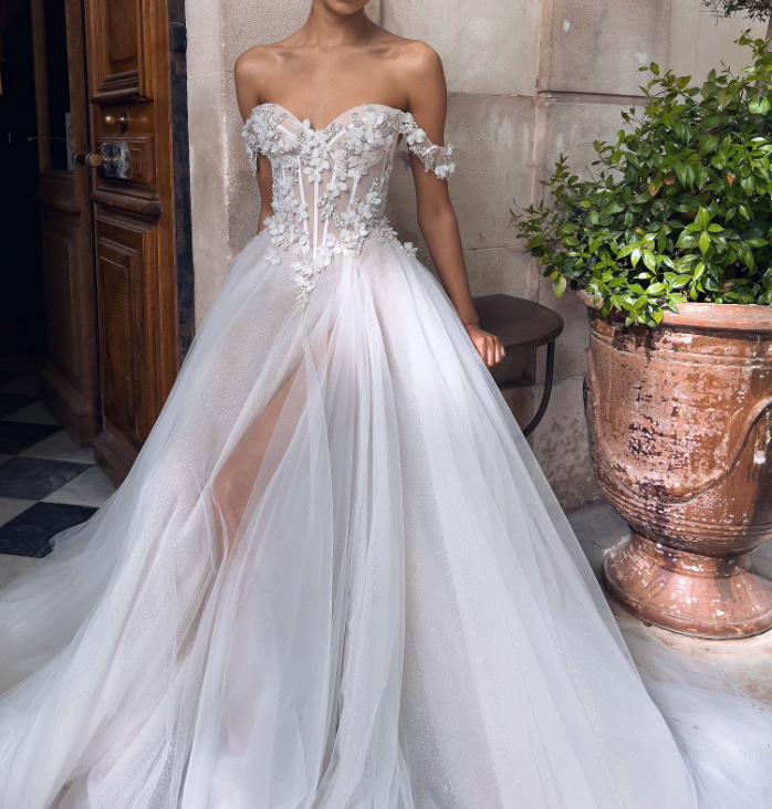 Off-Shoulder Tulle A-Line Appliques Sheer Wedding Dress