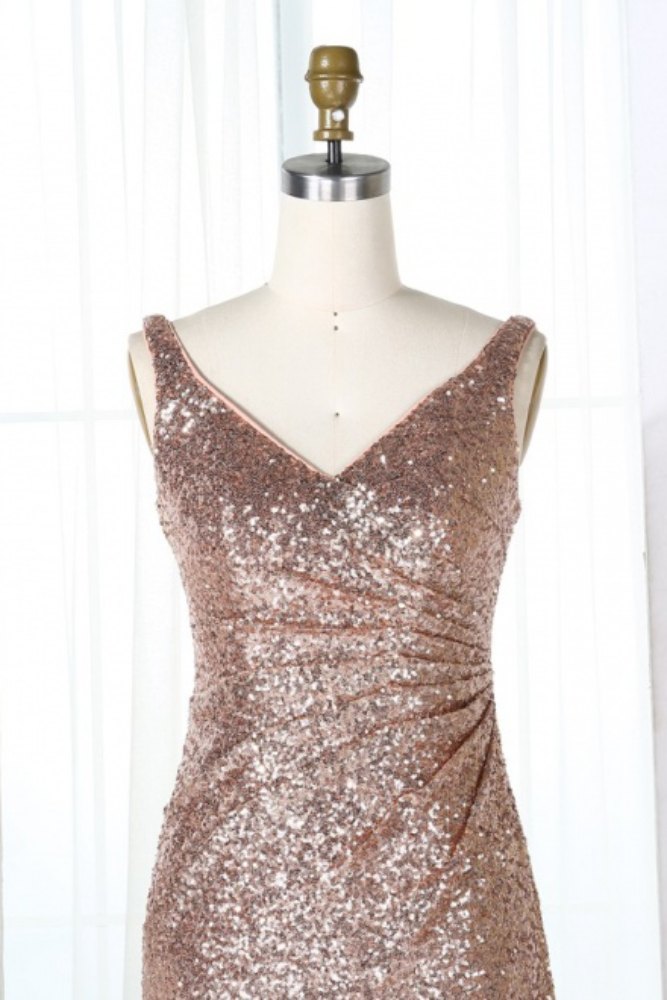 Champagne V-Neck Sequin Long Bridesmaid Dress