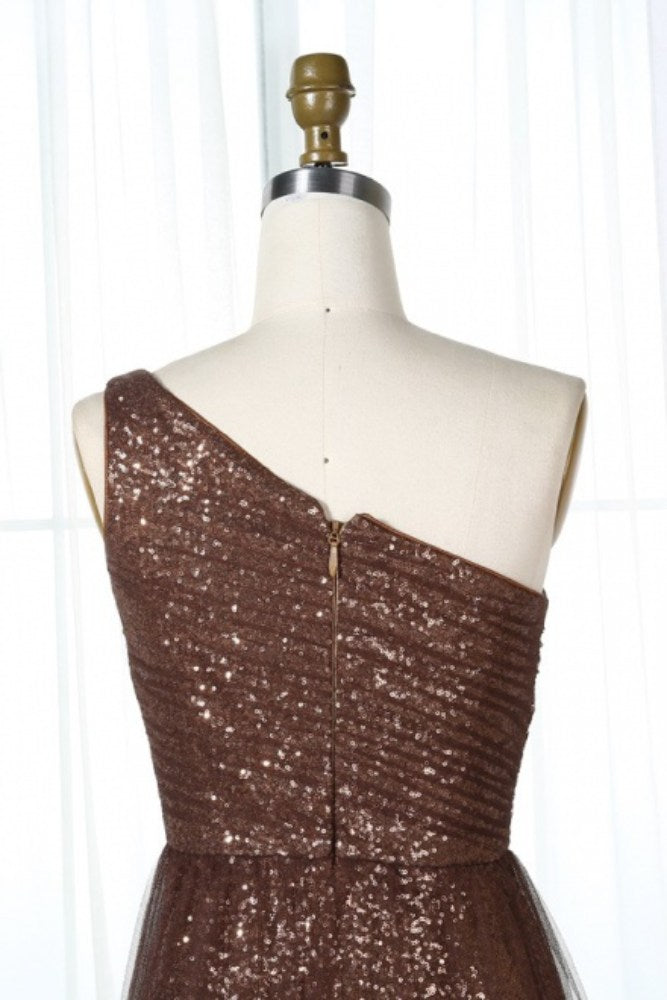 Brown One Shoulder Sequin Bridesmaid Dress