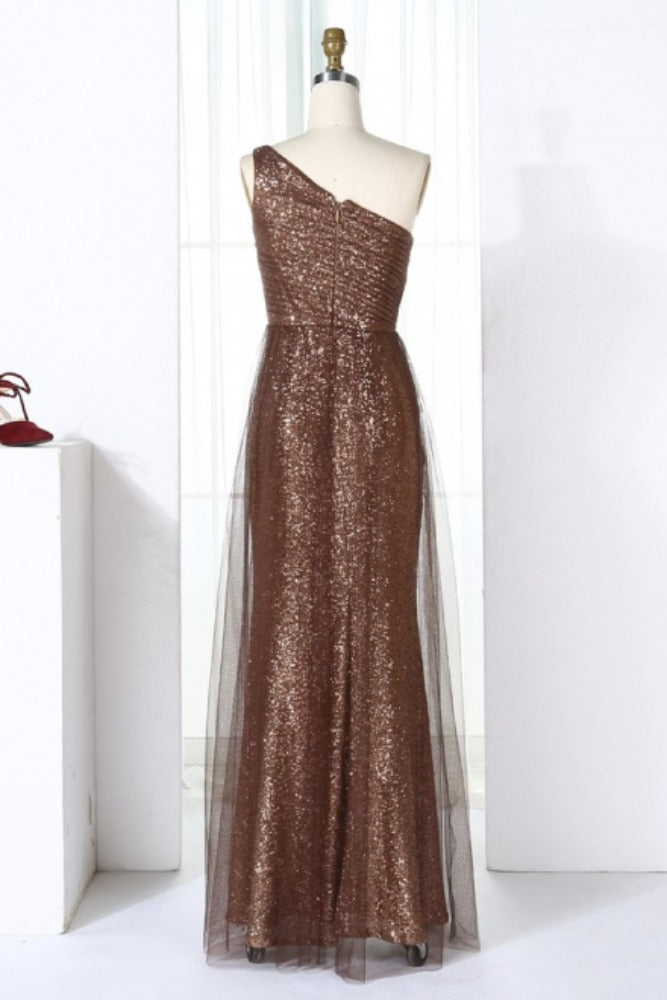 Brown One Shoulder Sequin Bridesmaid Dress