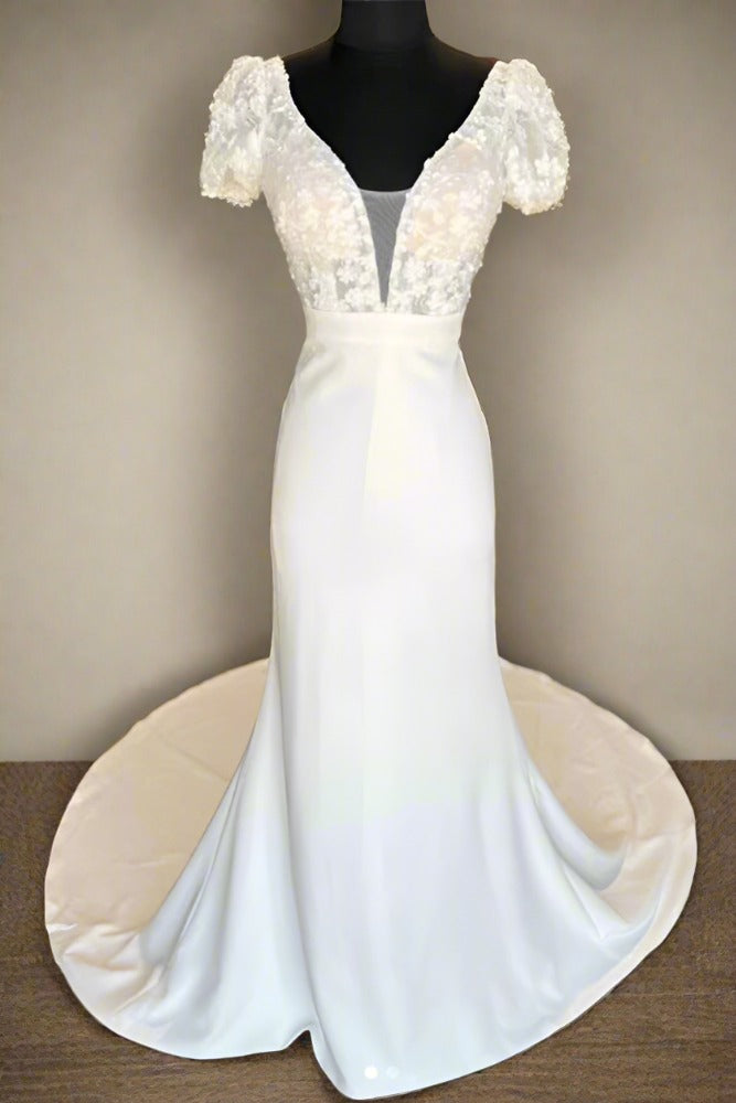 Ivory Plunging Neck Satin Mermaid Bridal Dress with Short Sleeves