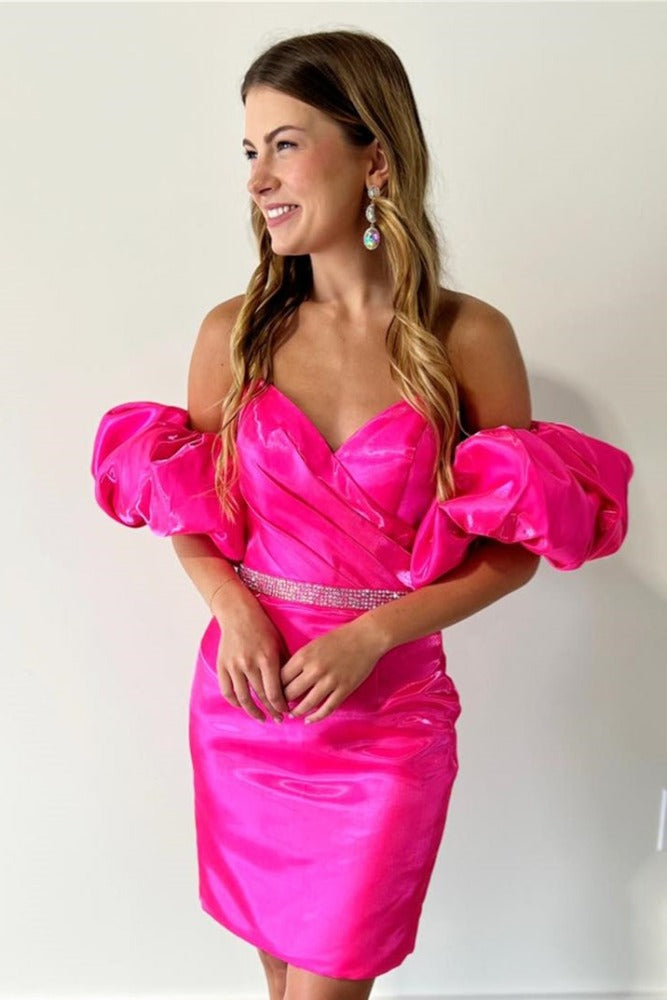 Hot Pink Strapless Beaded Homecoming Dress with Detachable Sleeves