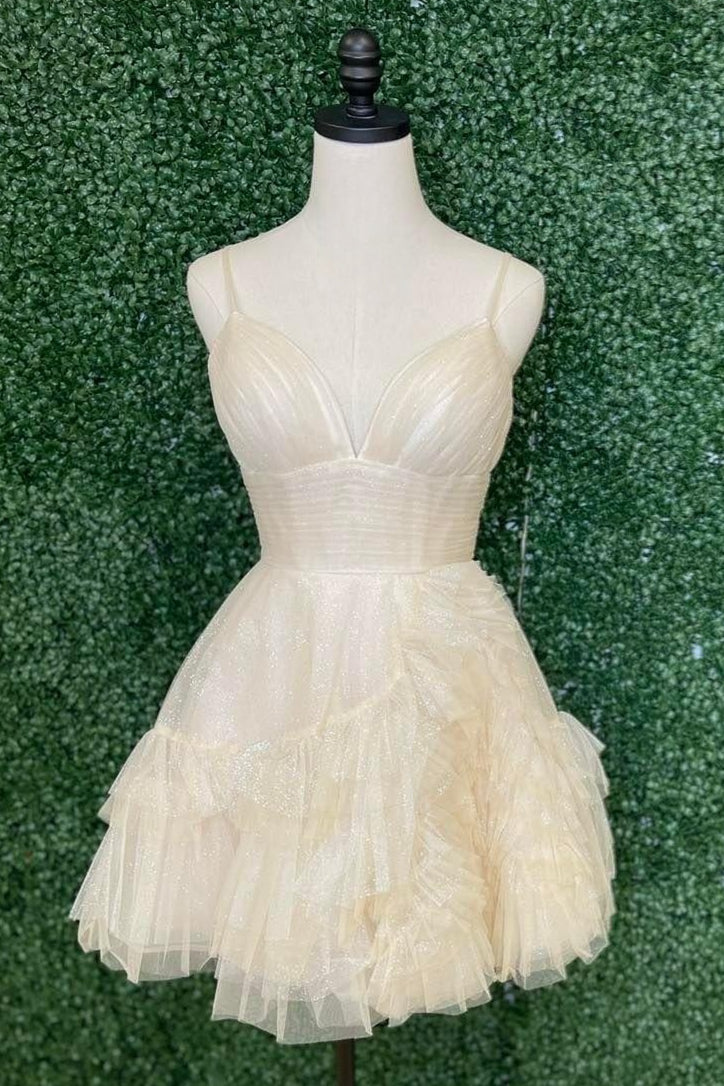 V-Neck Ivory A-line Tulle Ruffle Homecoming Dress