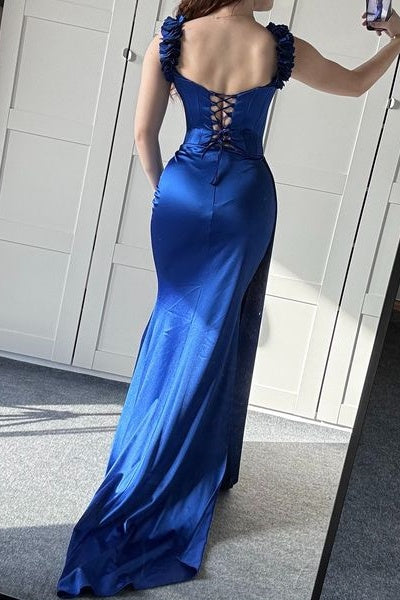 3D Floral Off-Shoulder Satin Trumpet Prom Dress With Train