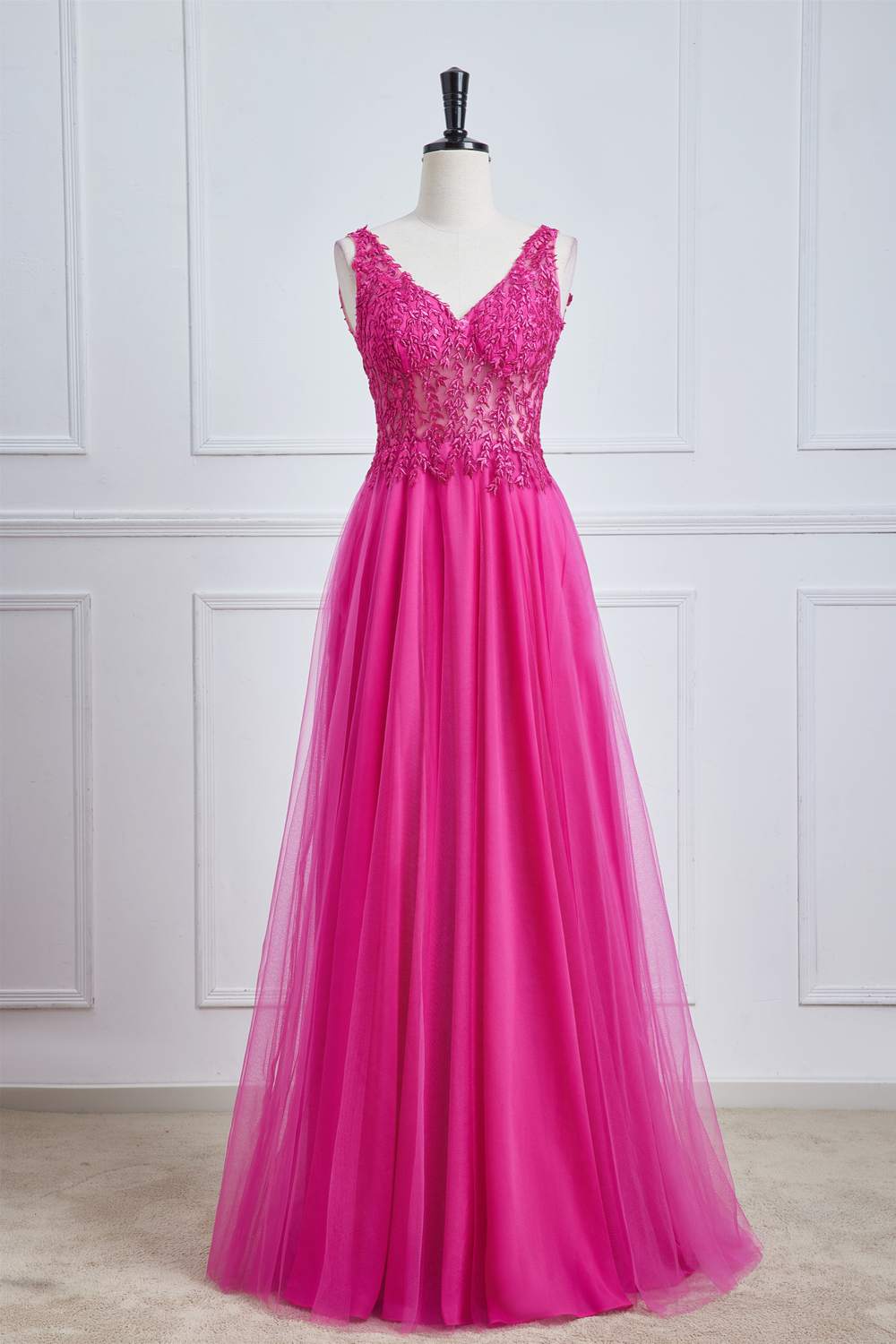 V-Neck Lace Floral Fuchsia A-line Tulle Long Prom Dress
