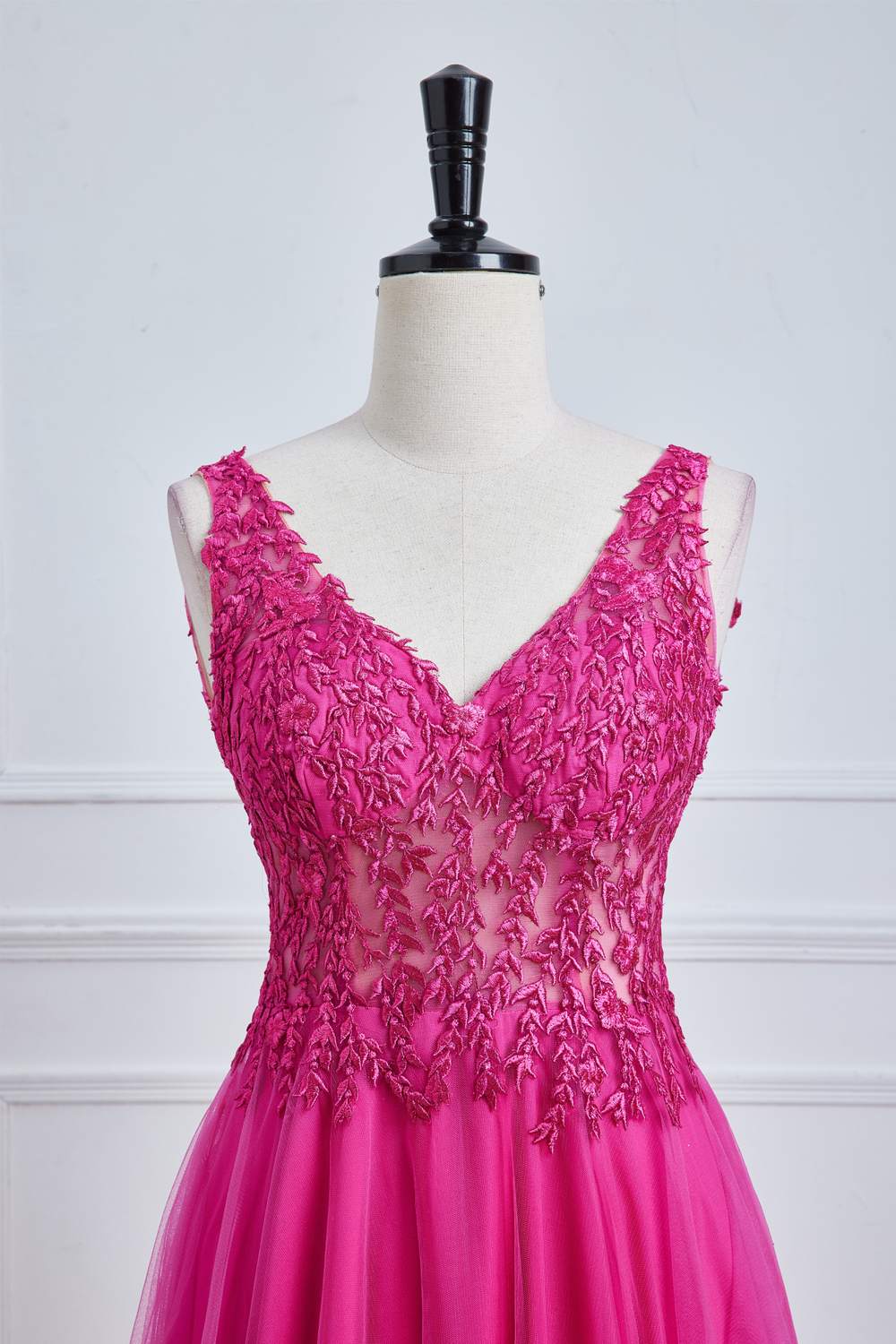 V-Neck Lace Floral Fuchsia A-line Tulle Long Prom Dress
