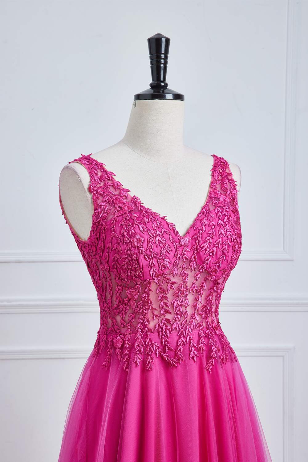 V-Neck Lace Floral Fuchsia A-line Tulle Long Prom Dress