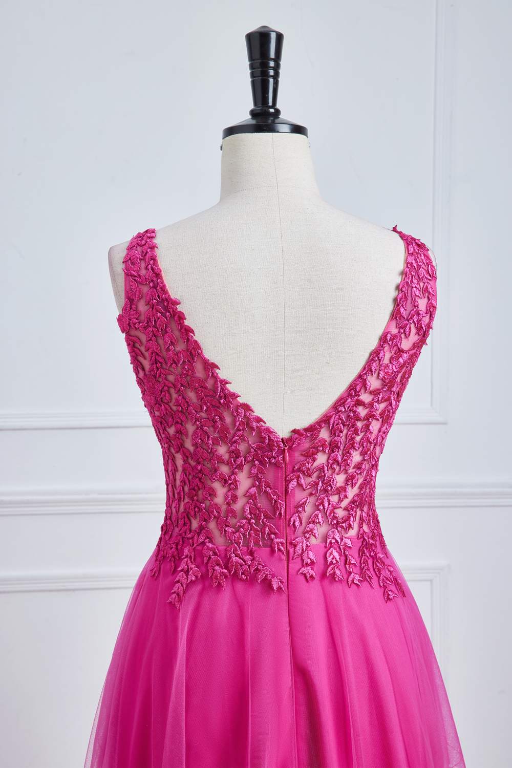 V-Neck Lace Floral Fuchsia A-line Tulle Long Prom Dress
