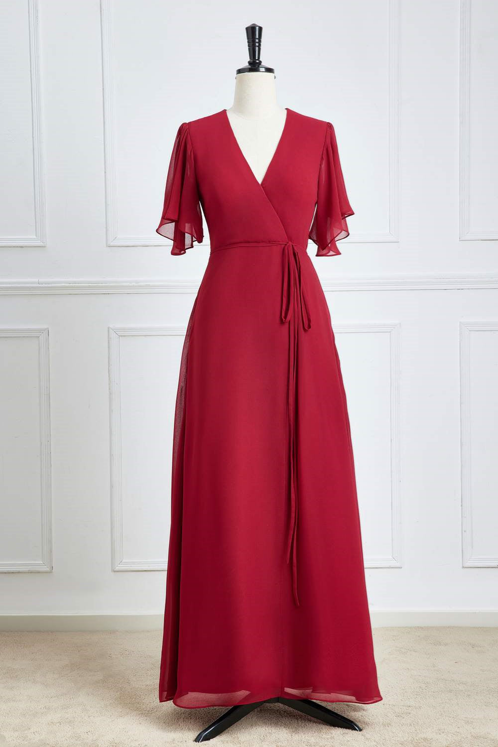 Wine Red Chiffon Flutter Sleeves A-line Long Bridesmaid Dress