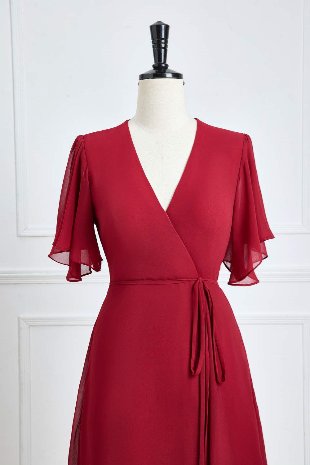 Wine Red Chiffon Flutter Sleeves A-line Long Bridesmaid Dress