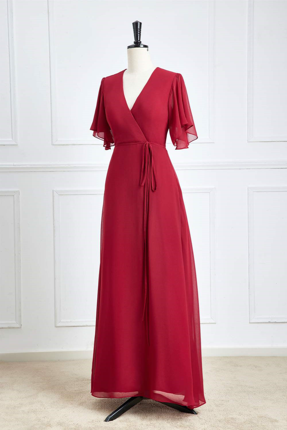 Wine Red Chiffon Flutter Sleeves A-line Long Bridesmaid Dress