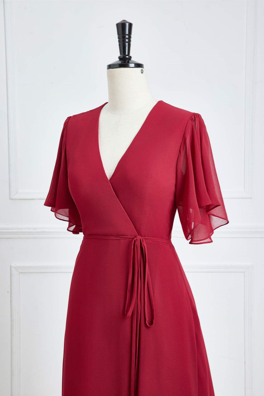 Wine Red Chiffon Flutter Sleeves A-line Long Bridesmaid Dress