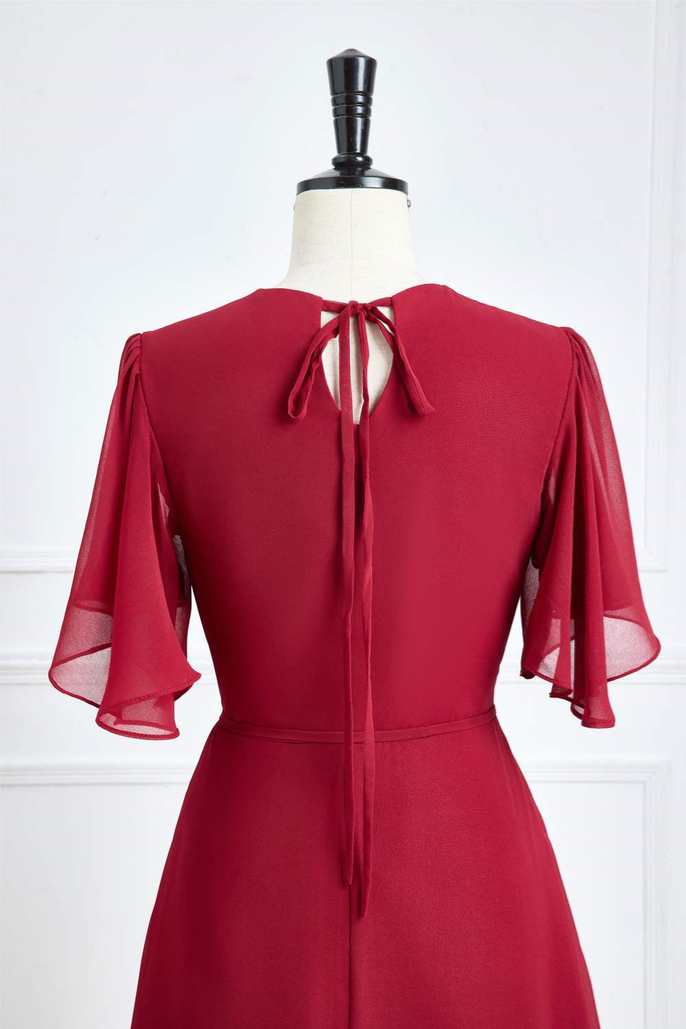 Wine Red Chiffon Flutter Sleeves A-line Long Bridesmaid Dress