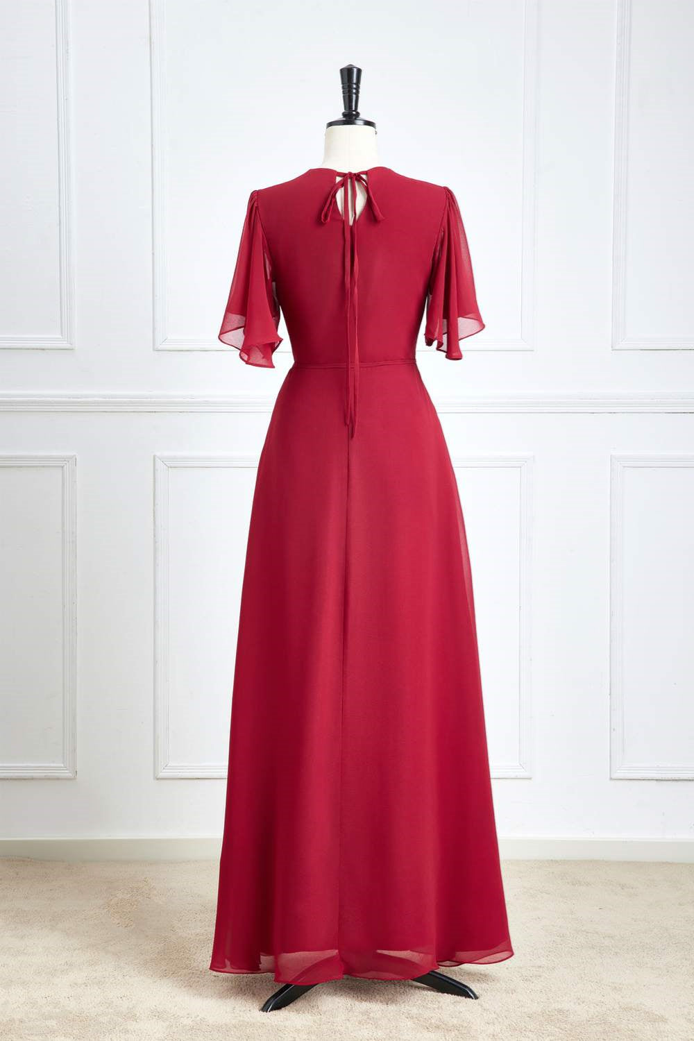 Wine Red Chiffon Flutter Sleeves A-line Long Bridesmaid Dress