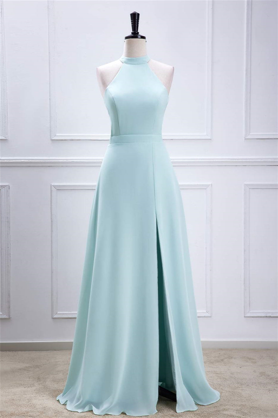 A-line Chiffon Blue Halter Slit Long Bridesmaid Dress Movousdress A-line Chiffon Blue Halter Slit Long Bridesmaid Dress Movousdress