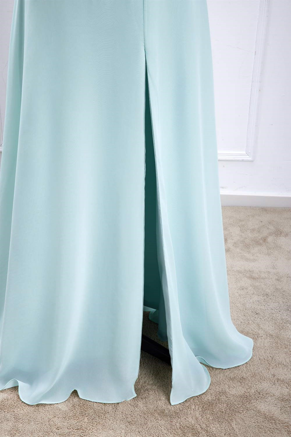 A-line Chiffon Blue Halter Slit Long Bridesmaid Dress