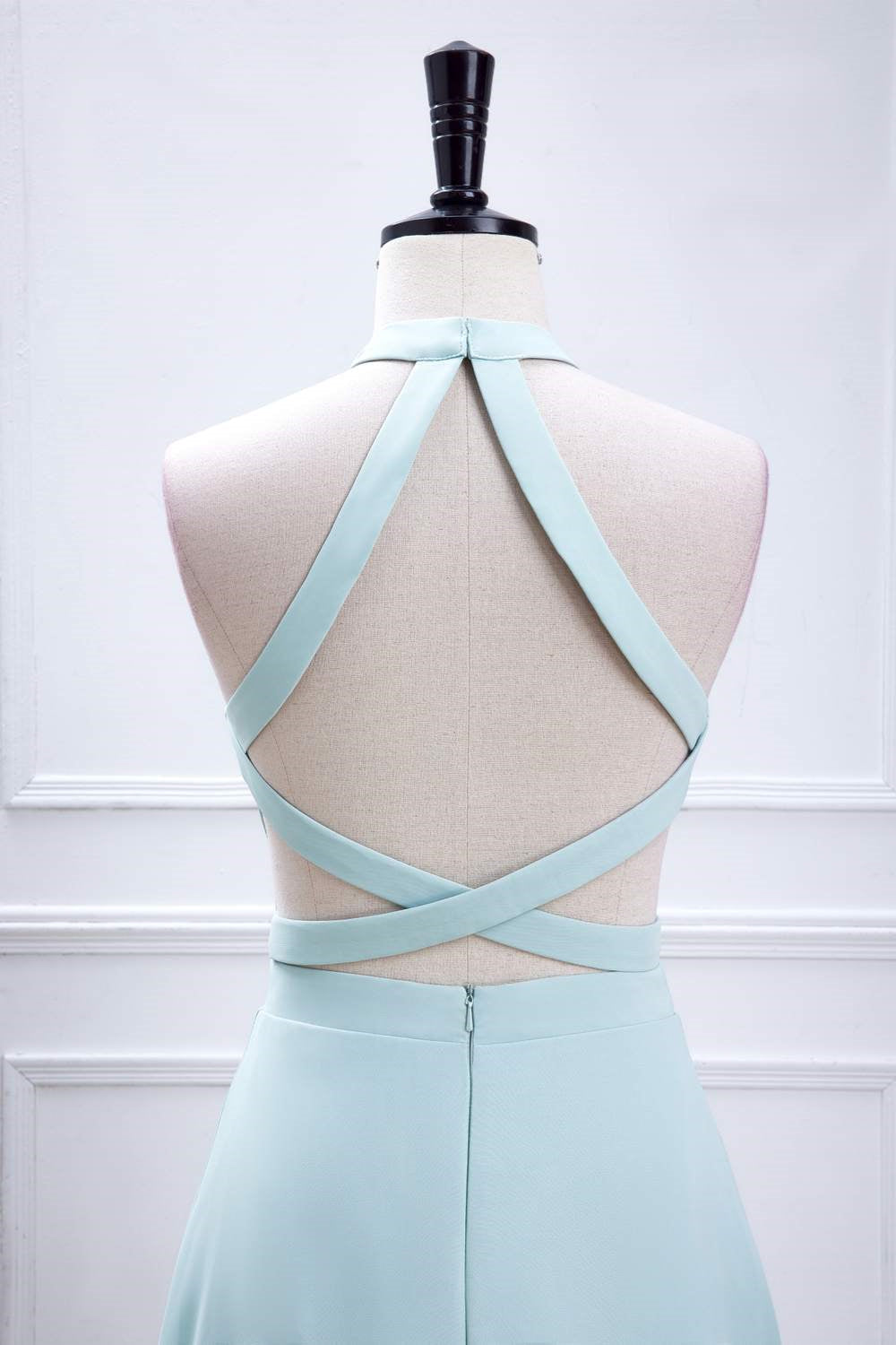 A-line Chiffon Blue Halter Slit Long Bridesmaid Dress