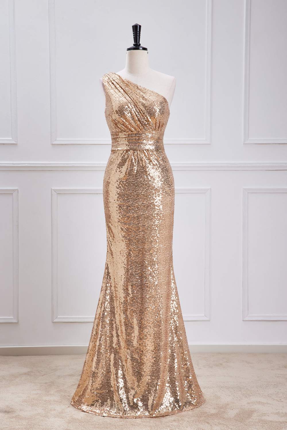 One Shoulder Sequins Champagne Long Mermaid Bridesmaid Dress