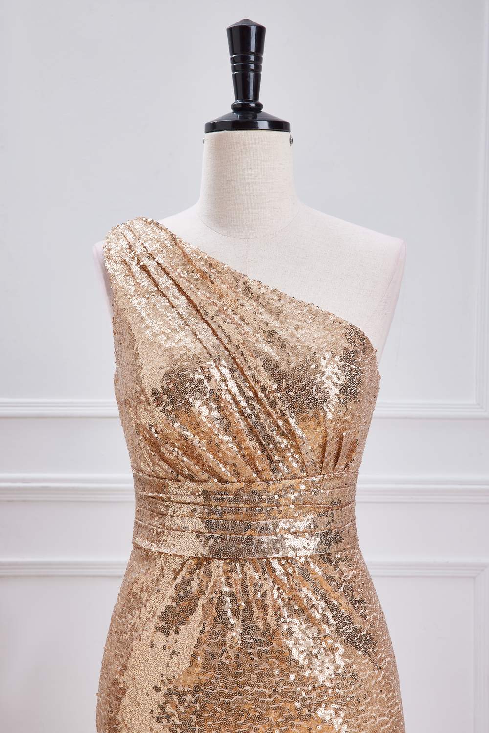 One Shoulder Sequins Champagne Long Mermaid Bridesmaid Dress