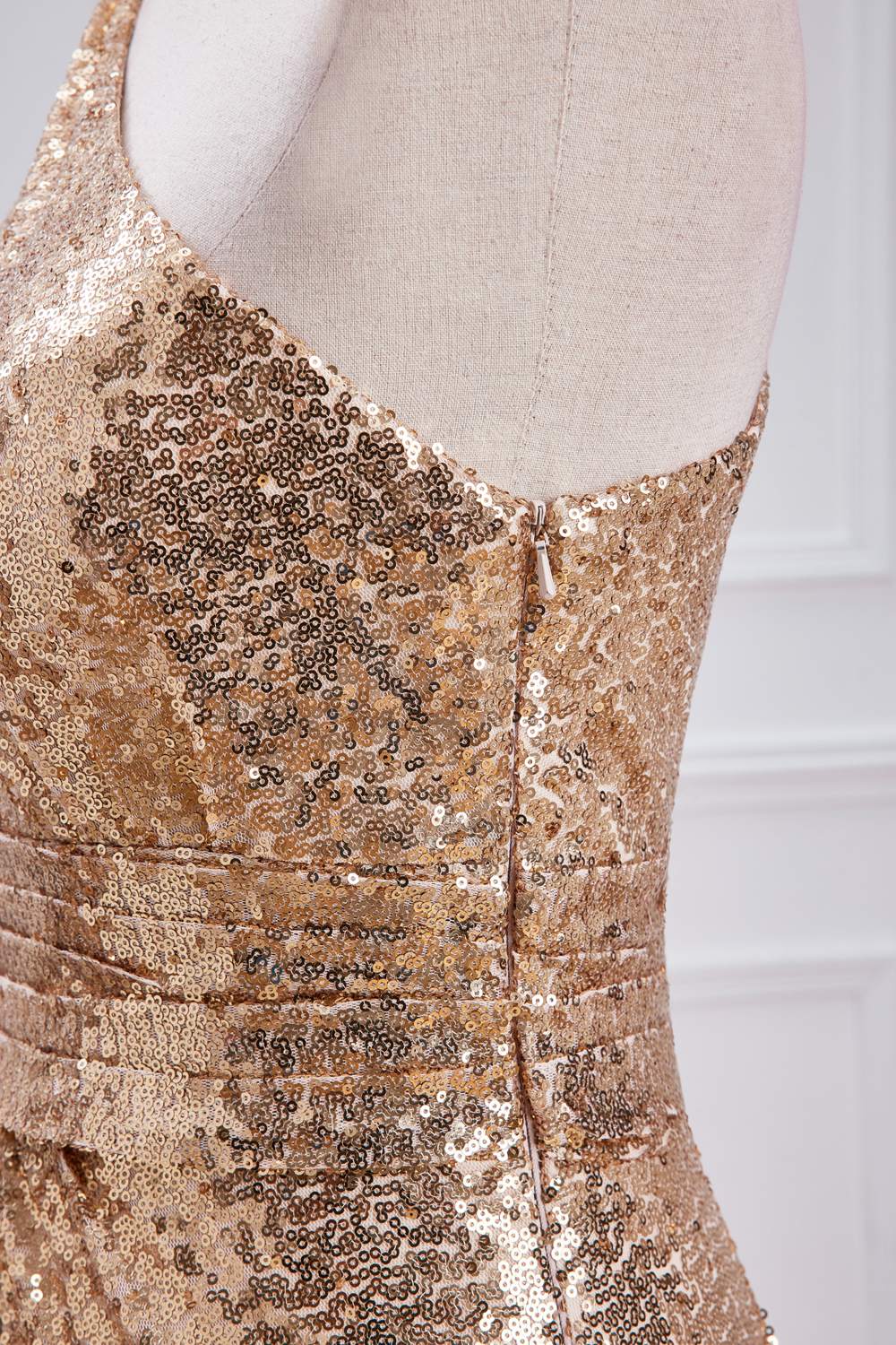 One Shoulder Sequins Champagne Long Mermaid Bridesmaid Dress