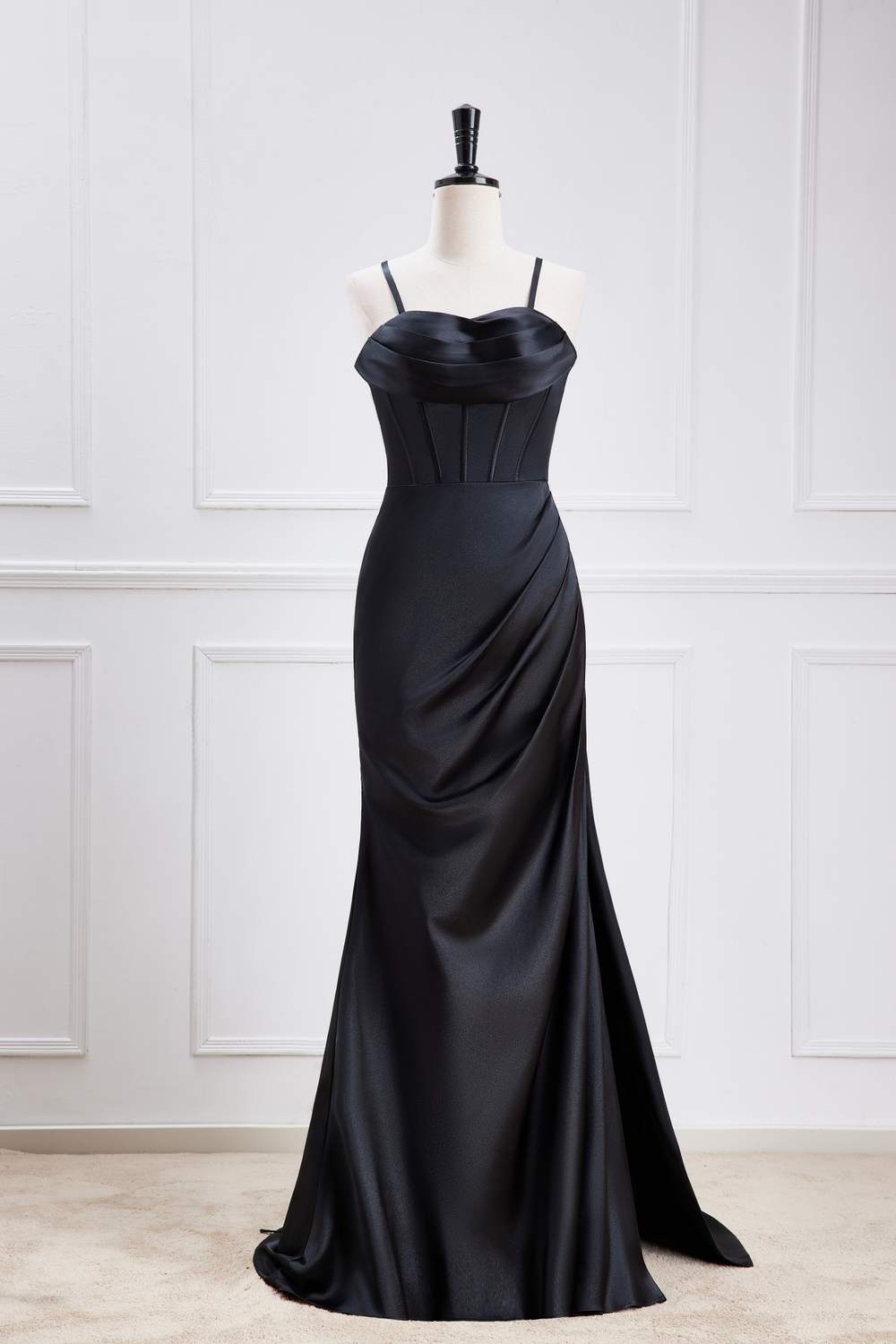Straps Black Satin Slit Criss Cross Back Mermaid Bridesmaid Dress