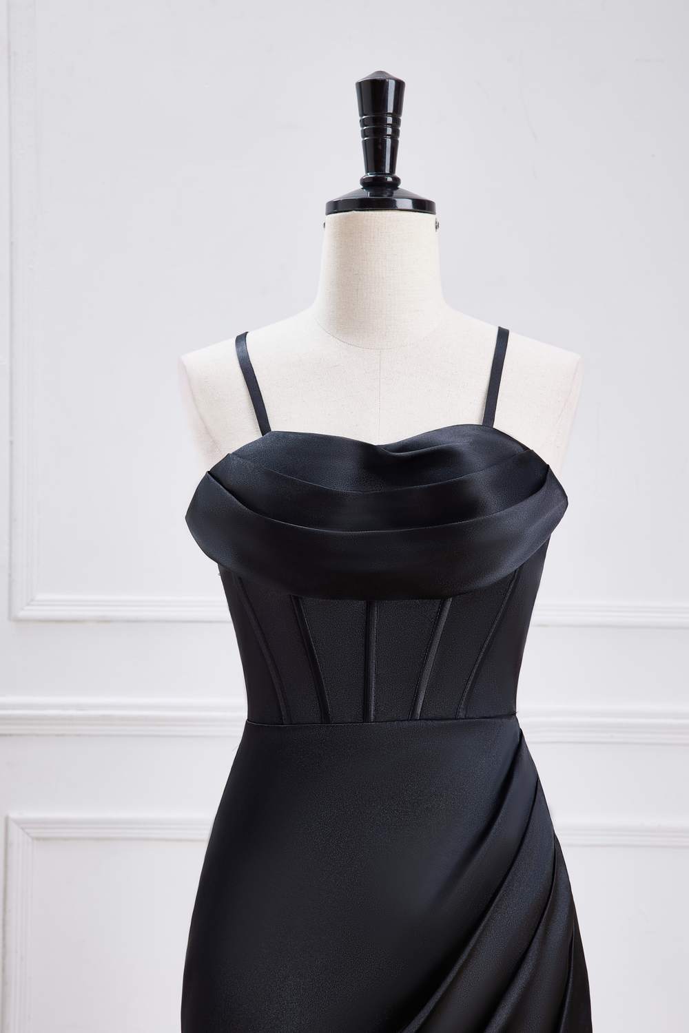Straps Black Satin Slit Criss Cross Back Mermaid Bridesmaid Dress