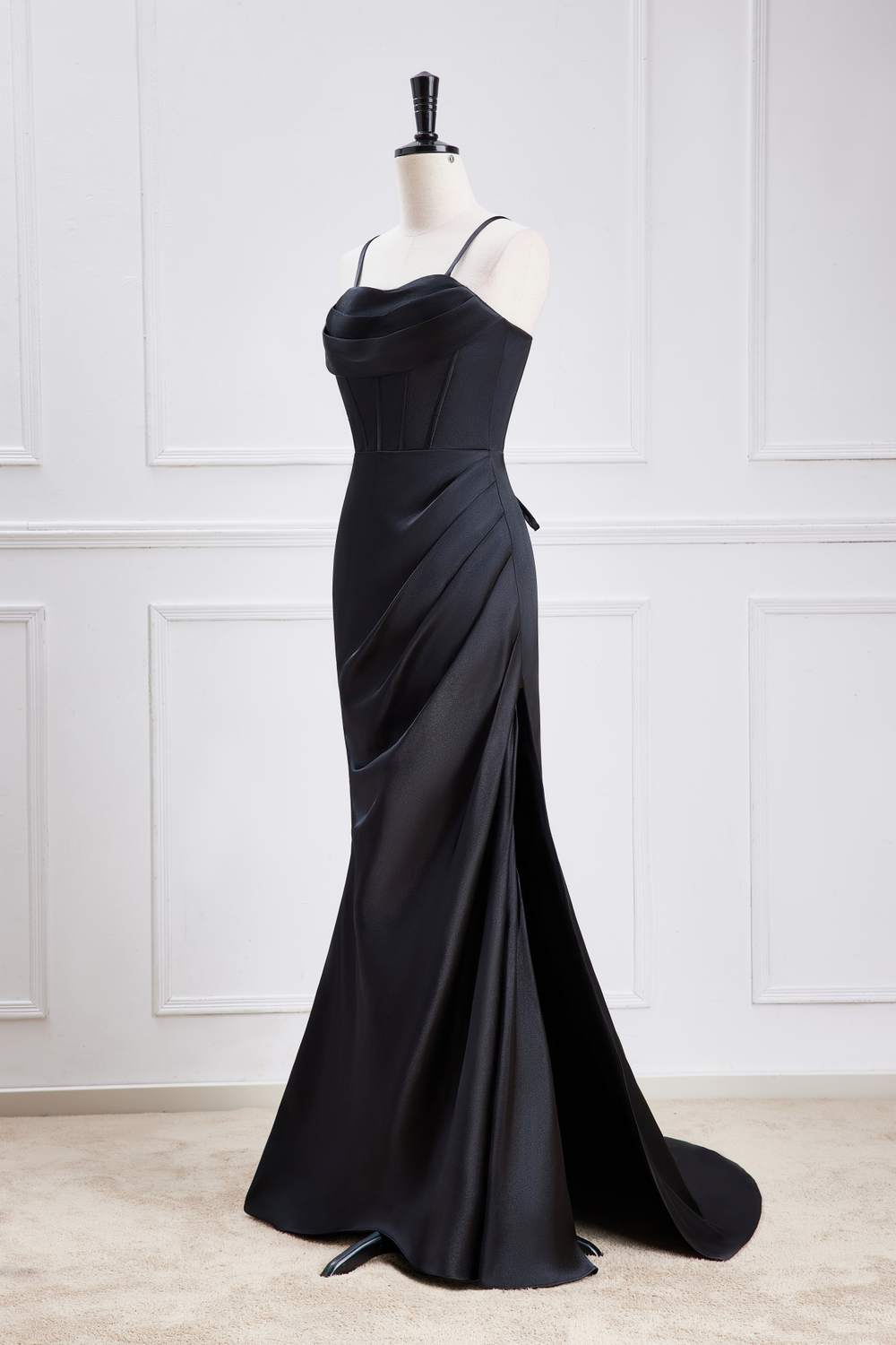 Straps Black Satin Slit Criss Cross Back Mermaid Bridesmaid Dress