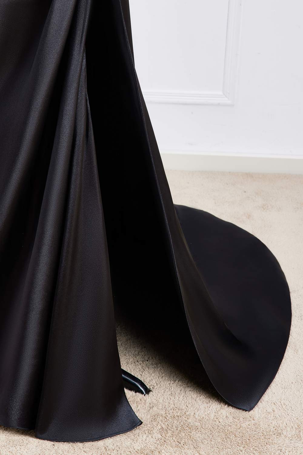 Straps Black Satin Slit Criss Cross Back Mermaid Bridesmaid Dress