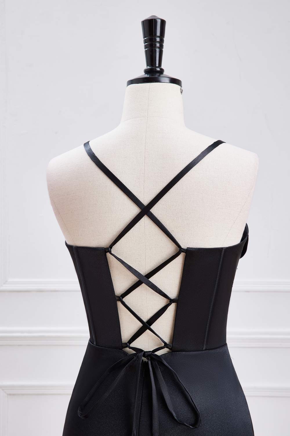 Straps Black Satin Slit Criss Cross Back Mermaid Bridesmaid Dress
