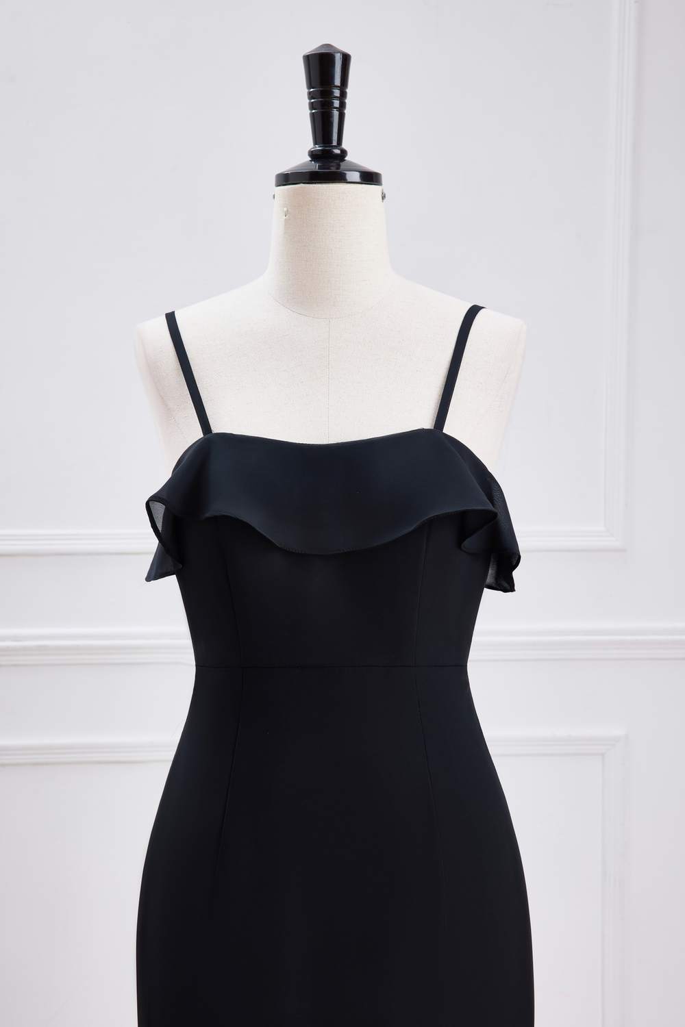 Straps Black Ruffle Long Mermaid Bridesmaid Dress