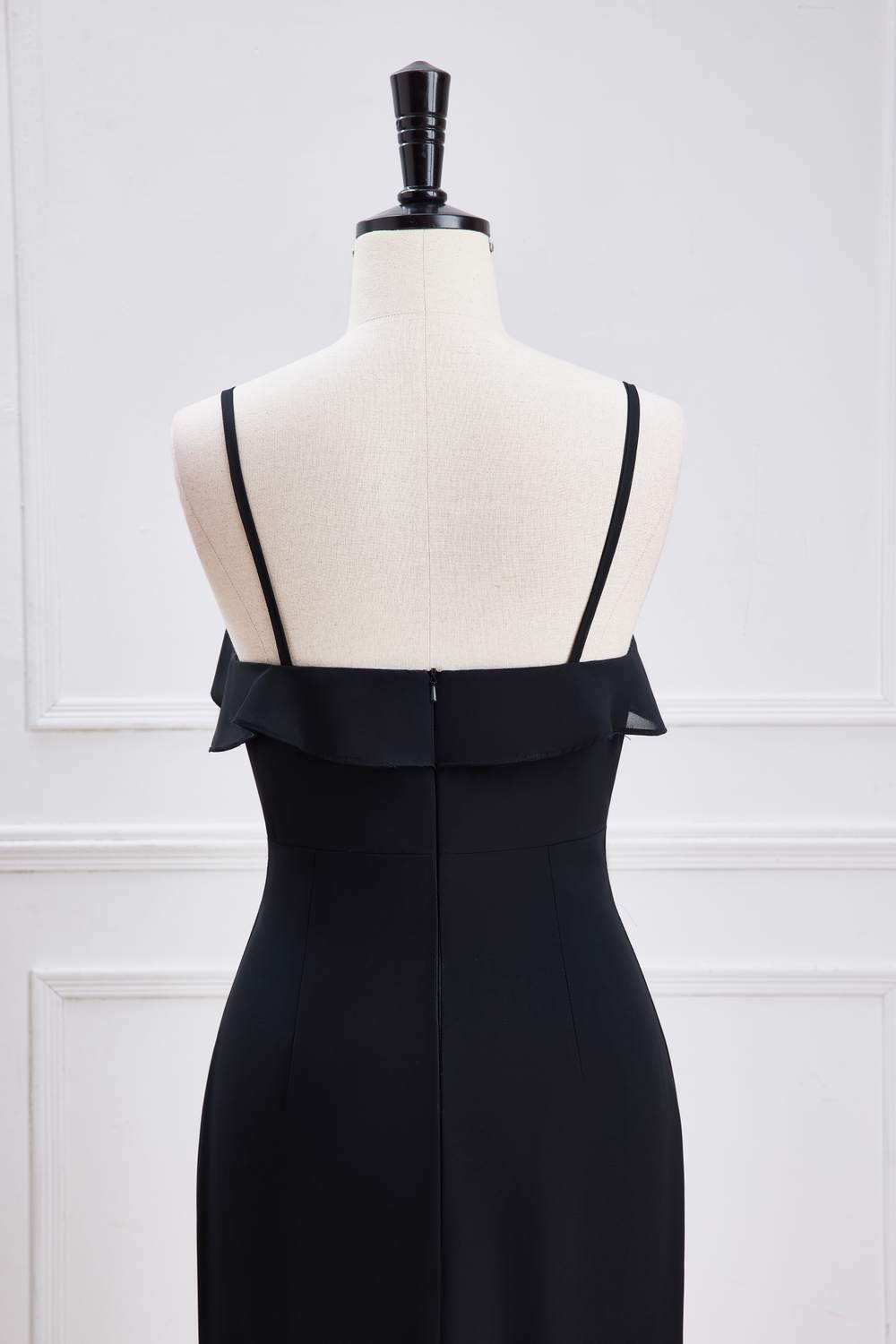 Straps Black Ruffle Long Mermaid Bridesmaid Dress