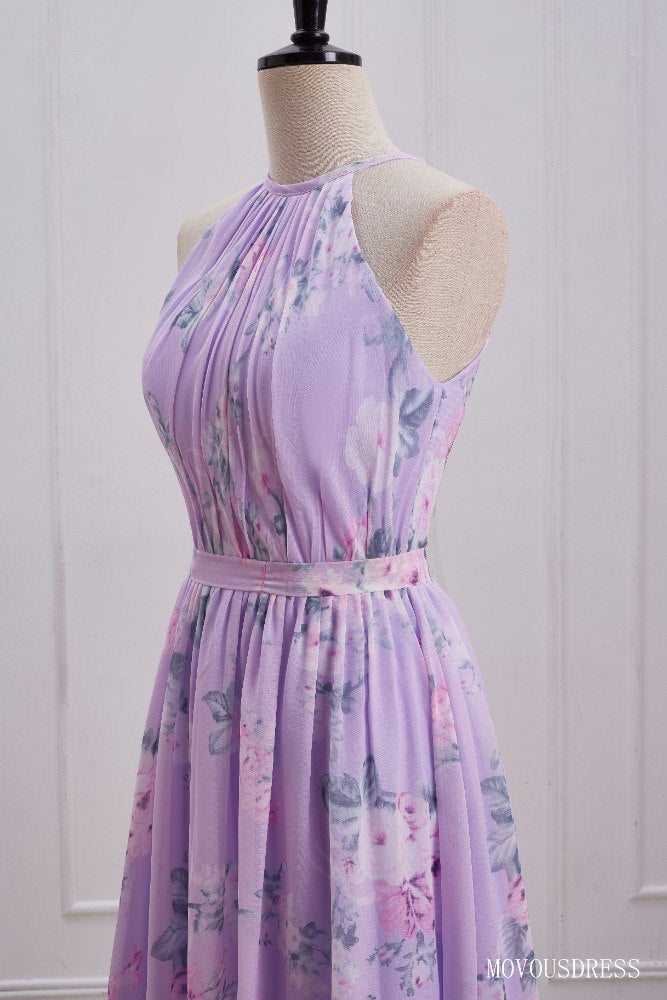 Light Purple Halter A-Line Bridesmaid Dress with Floral Print