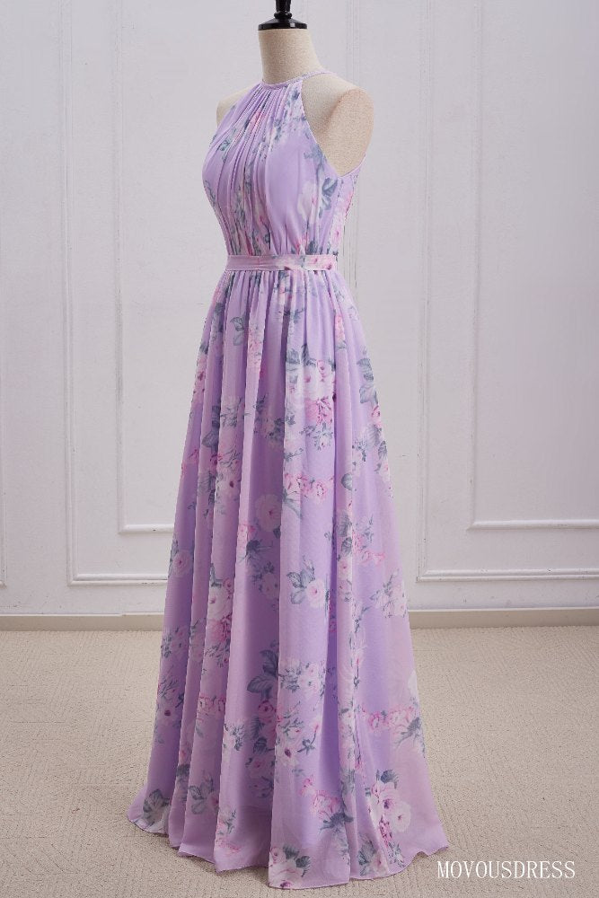 Light Purple Halter A-Line Bridesmaid Dress with Floral Print