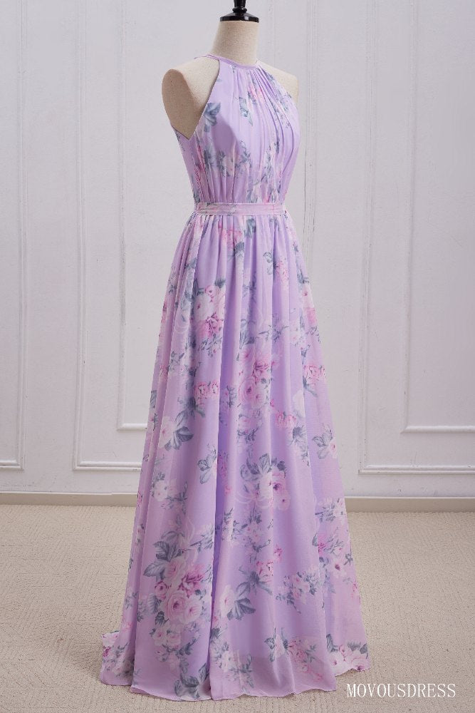 Light Purple Halter A-Line Bridesmaid Dress with Floral Print