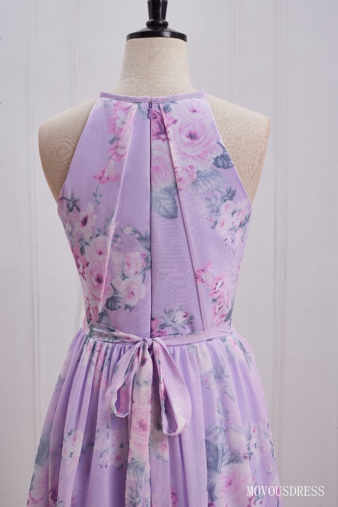 Light Purple Halter A-Line Bridesmaid Dress with Floral Print