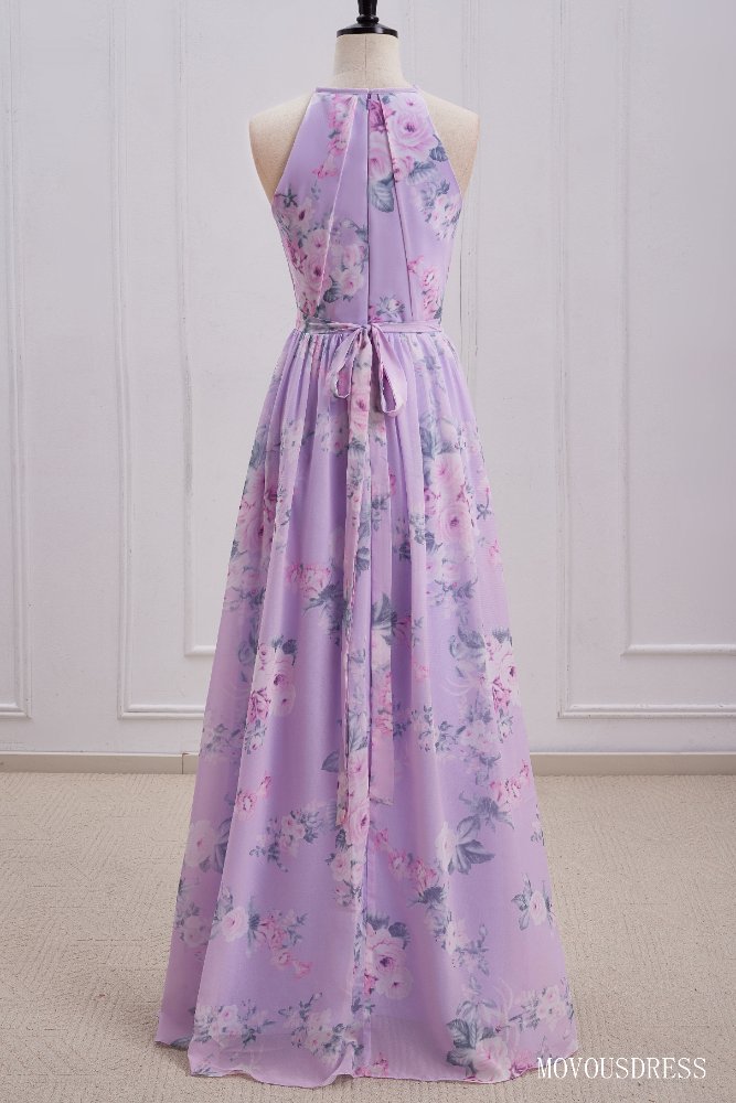 Light Purple Halter A-Line Bridesmaid Dress with Floral Print