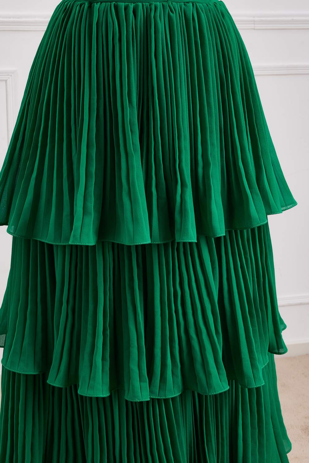 Strapless Hunter Green Chiffon A-line Ruffle Long Prom Dress