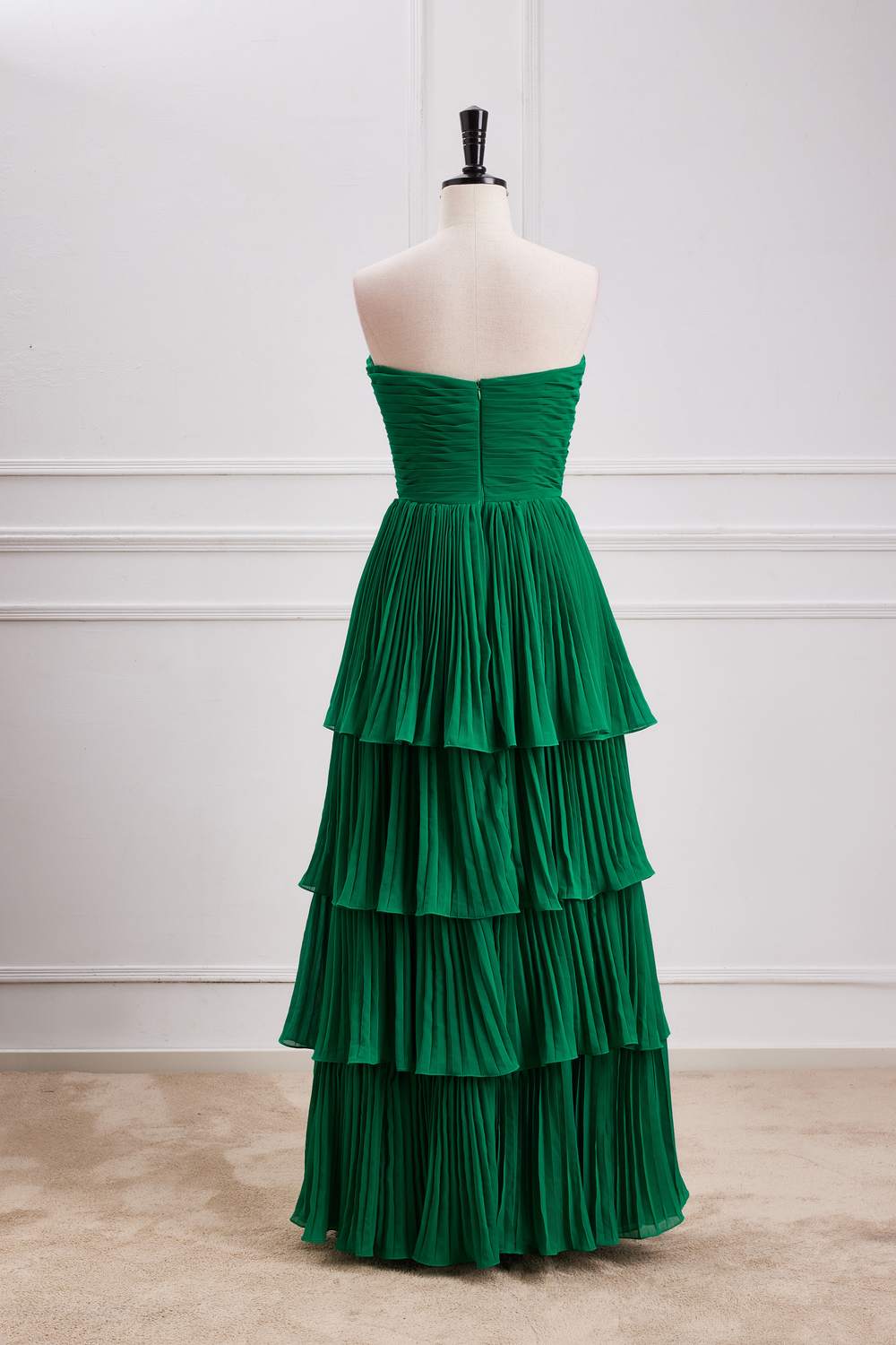Strapless Hunter Green Chiffon A-line Ruffle Long Prom Dress