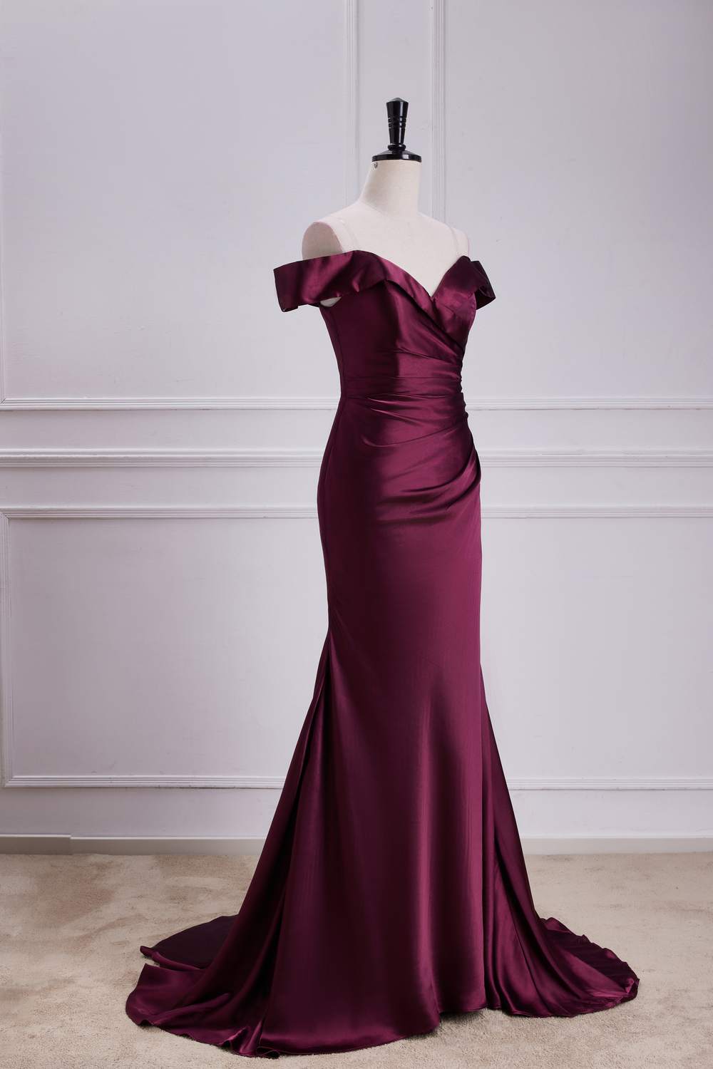 Off-Shoulder Raspberry Satin Mermaid Long Bridesmaid Dress