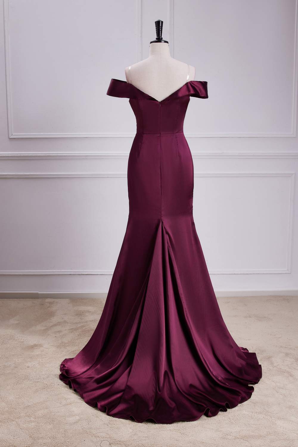 Off-Shoulder Raspberry Satin Mermaid Long Bridesmaid Dress