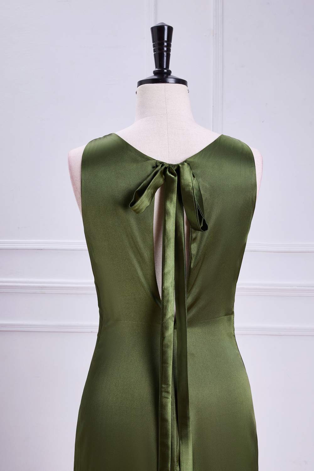 Sleeveless Olive Satin Bow Tie Mermaid Bridesmaid Dress