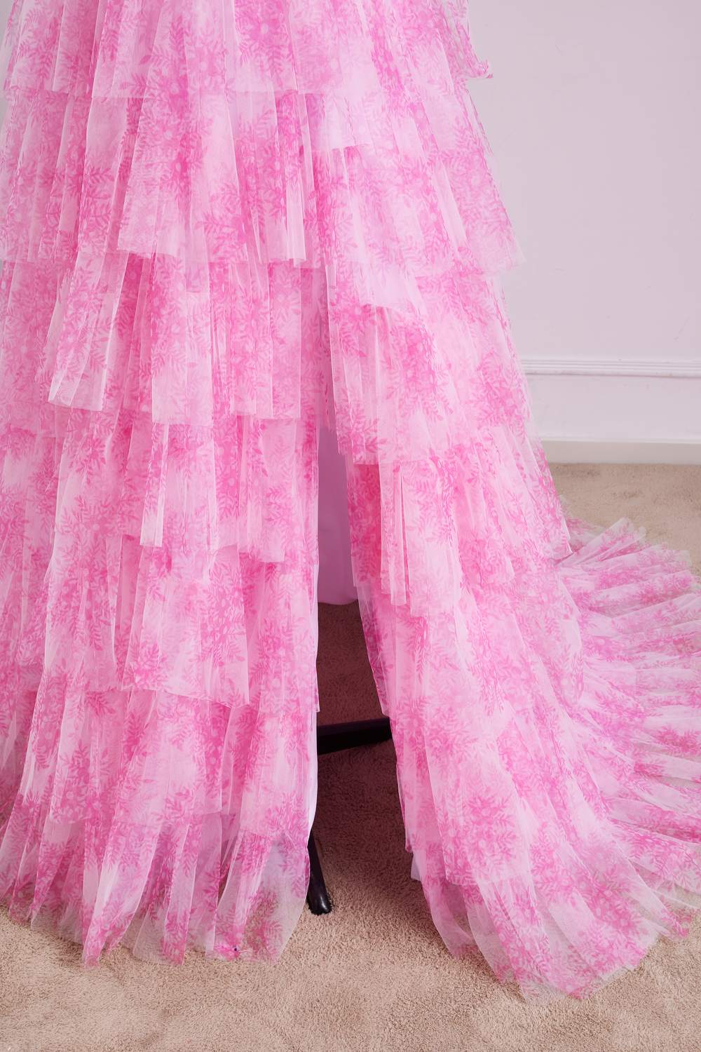 Deep V-Neck Pink Floral Bow Tie Straps Layers Slit Long Prom Dress