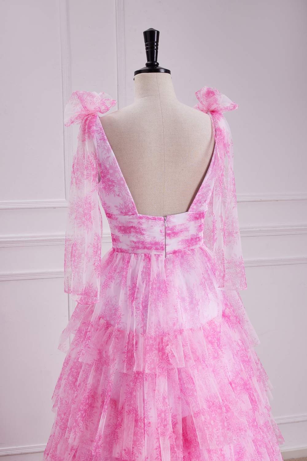 Deep V-Neck Pink Floral Bow Tie Straps Layers Slit Long Prom Dress