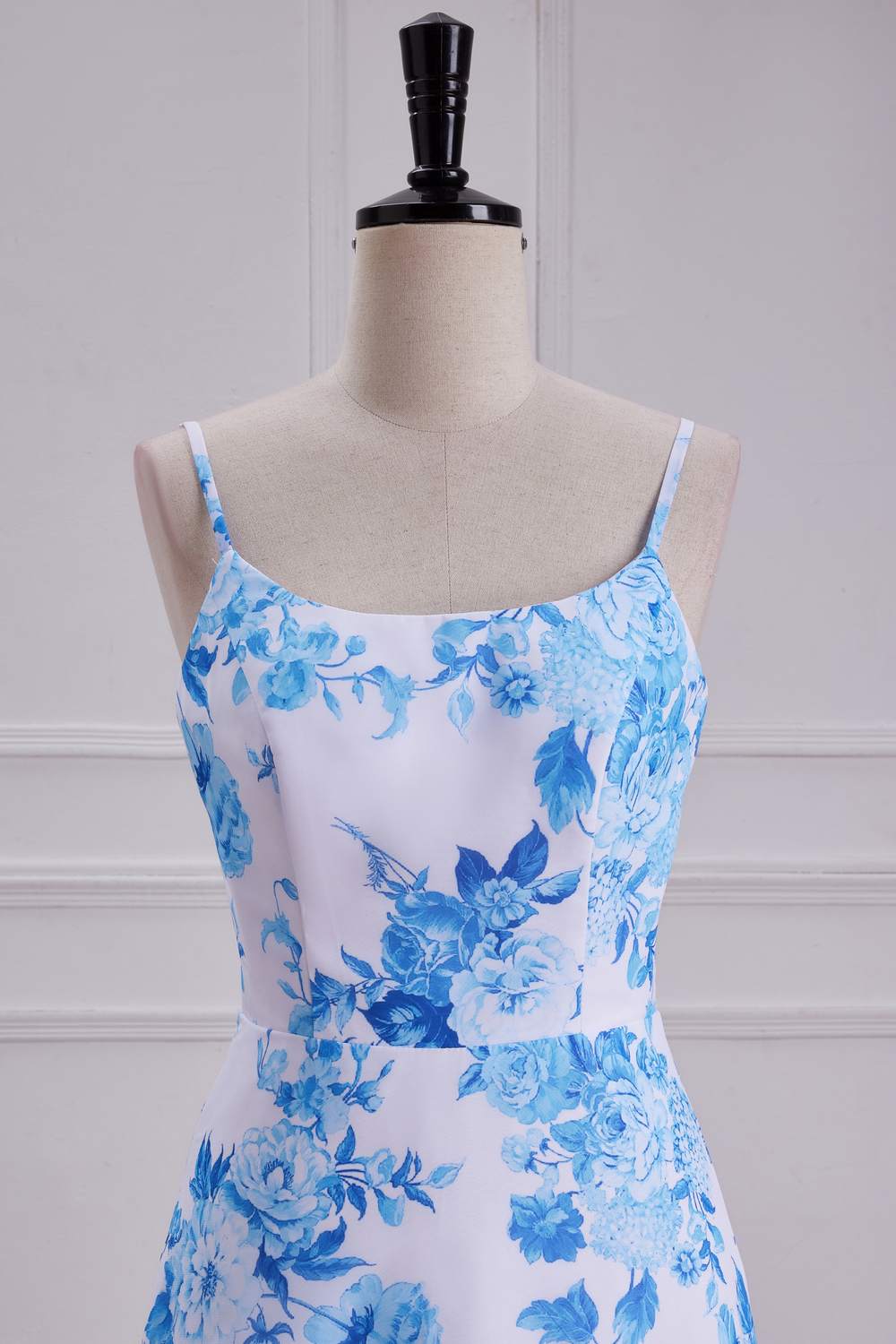 Straps Blue Floral Chiffon A-line Long Bridesmaid Dress
