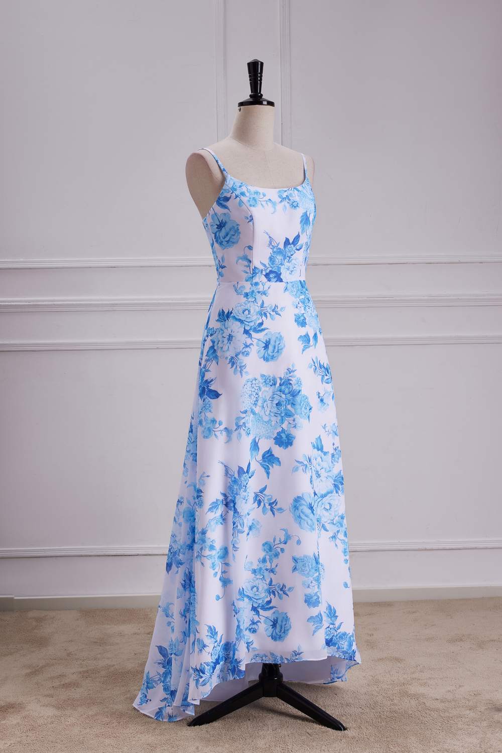 Straps Blue Floral Chiffon A-line Long Bridesmaid Dress