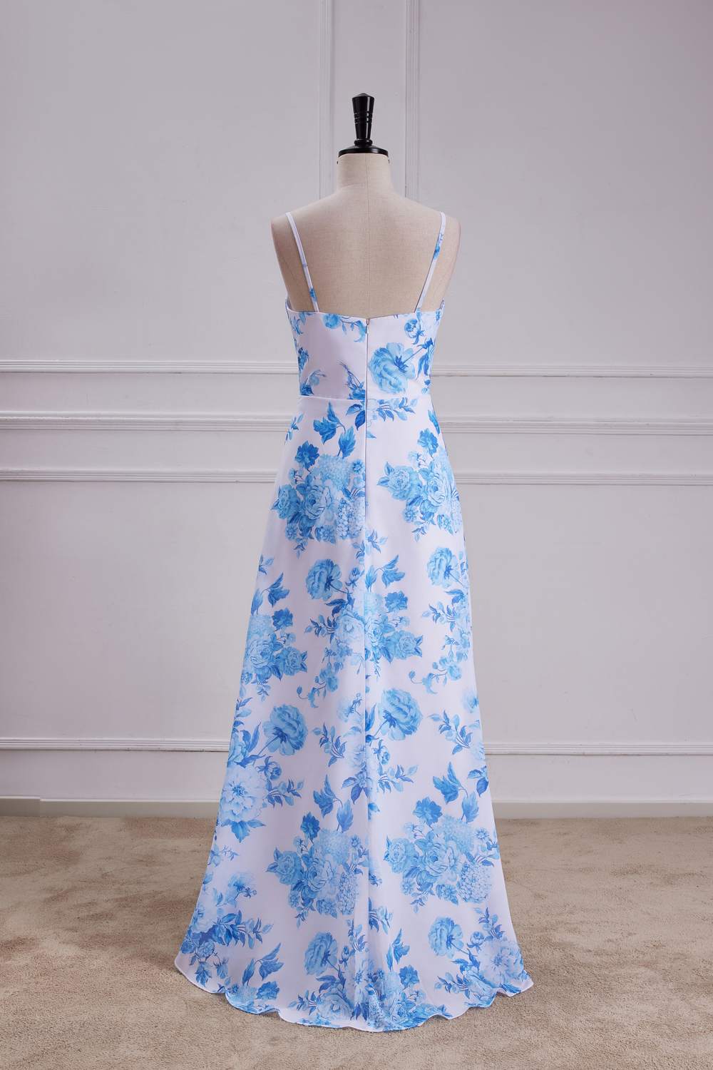 Straps Blue Floral Chiffon A-line Long Bridesmaid Dress