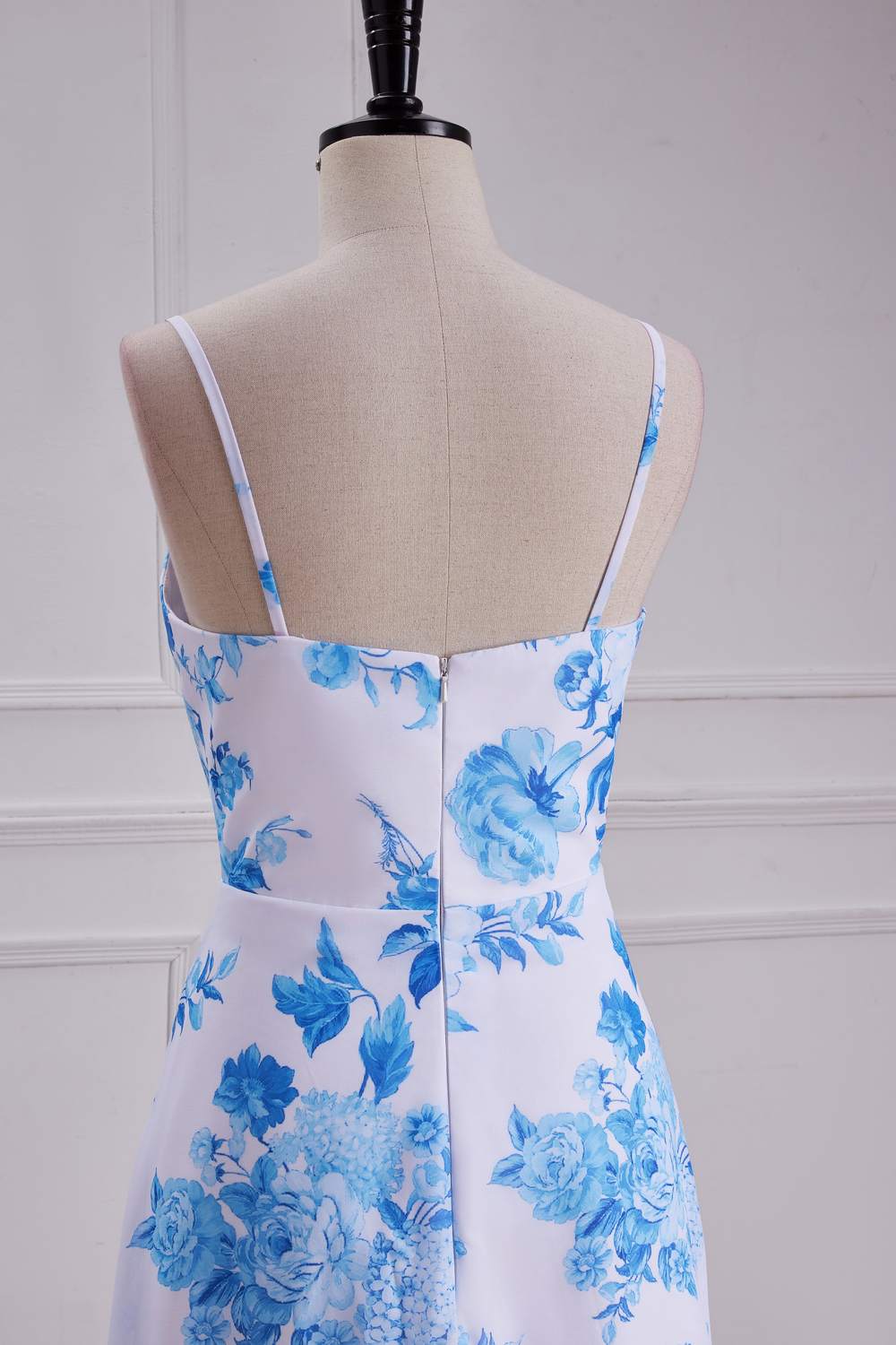 Straps Blue Floral Chiffon A-line Long Bridesmaid Dress