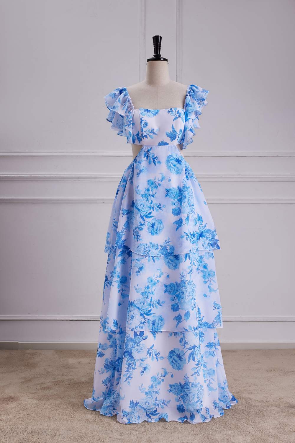 Flutter Sleeves Blue Floral A-line Long Bridesmaid Dress
