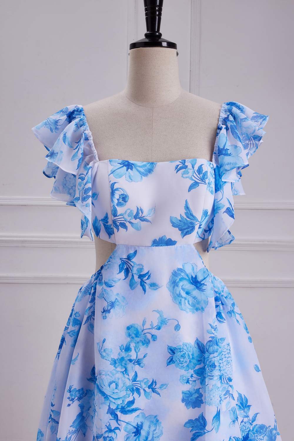 Flutter Sleeves Blue Floral A-line Long Bridesmaid Dress