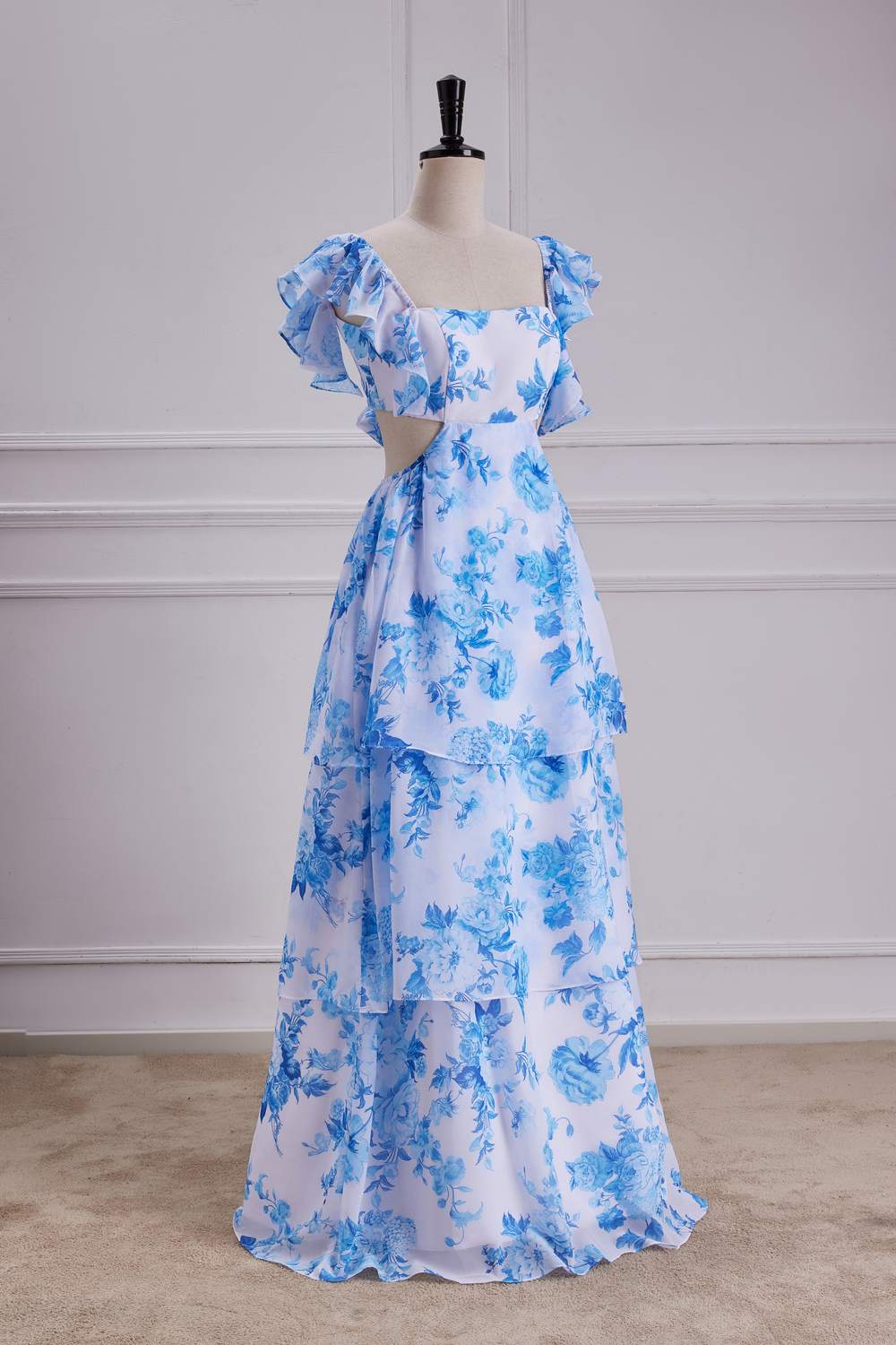 Flutter Sleeves Blue Floral A-line Long Bridesmaid Dress